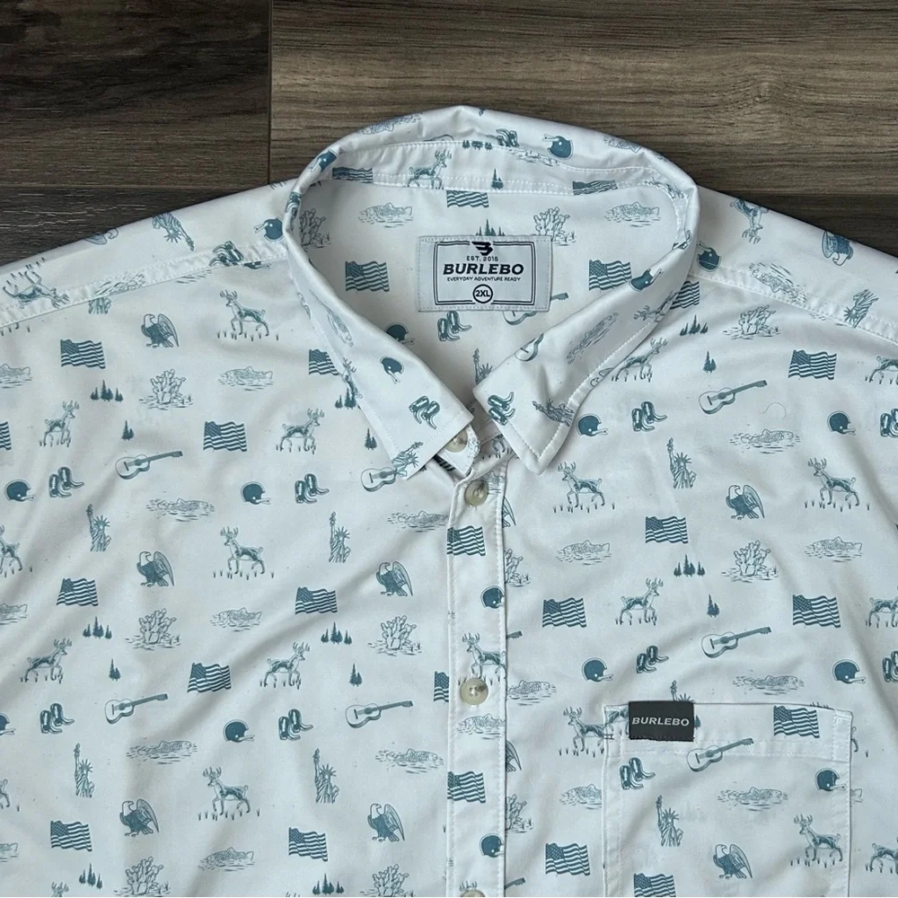 Burlebo Shirt Men’s 2XL White Blue Button Up Stretch American All Over Print - Picture 3 of 9